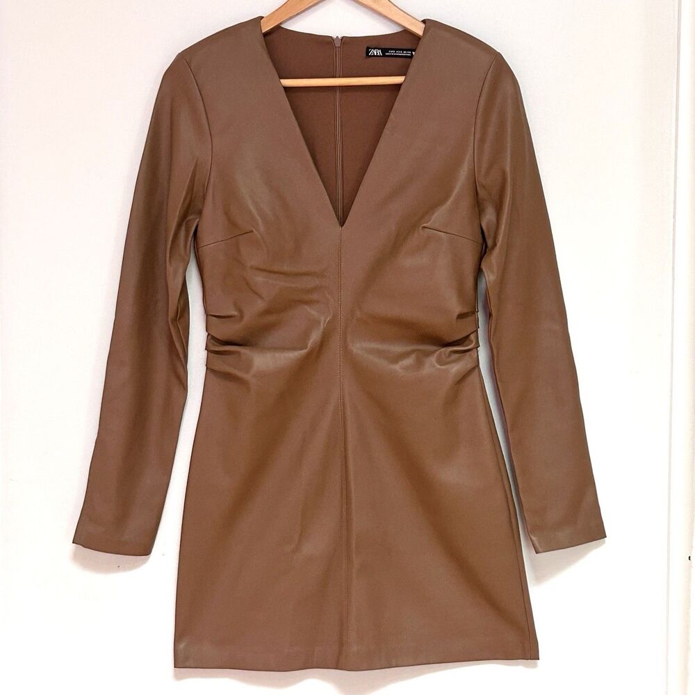 Zara Brown Faux Leather Ruched Bodycon Mini Dress Deep V Long Sleeve XS